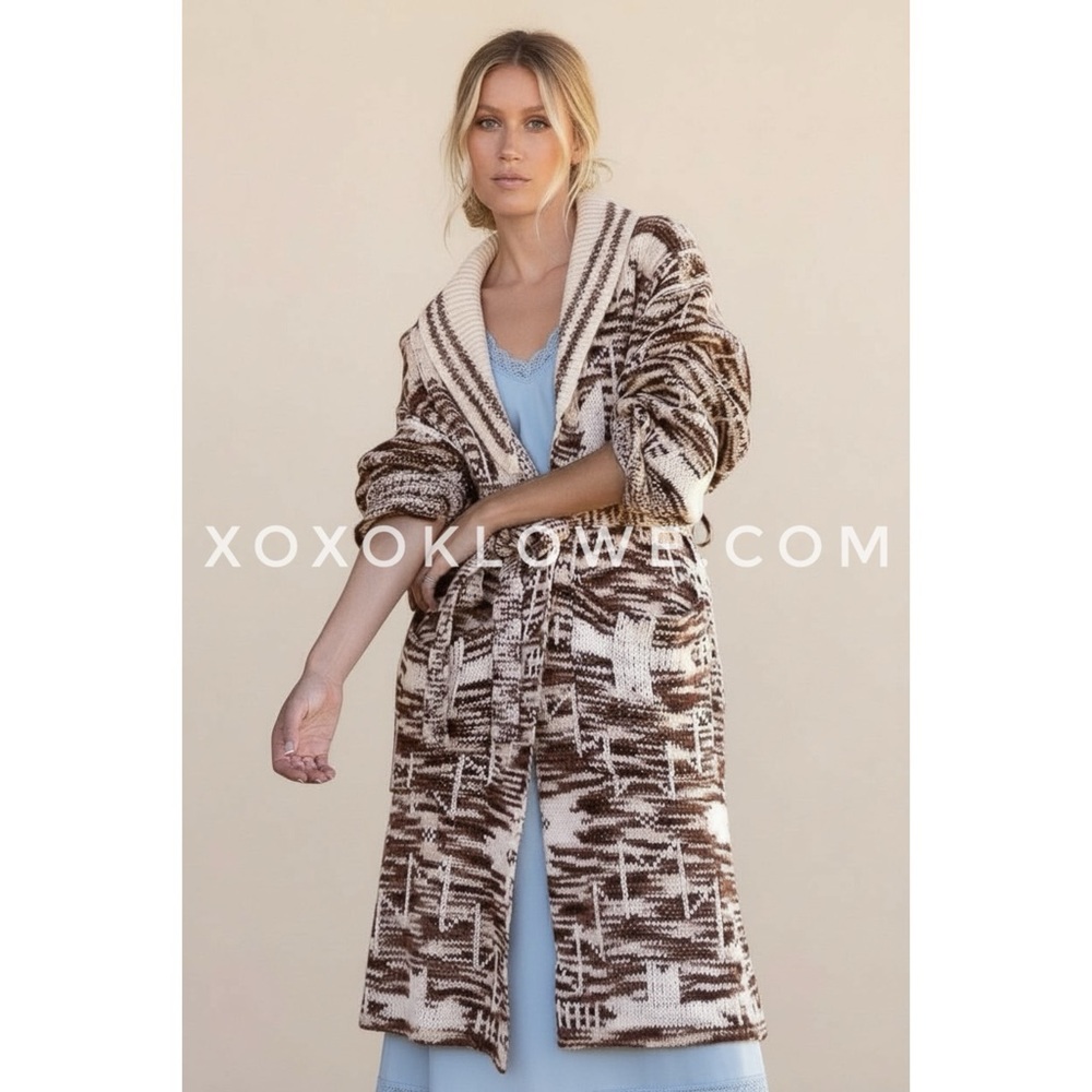 POL Brown Beige Southwestern Long Cardigan | Belted Knit Sweater
